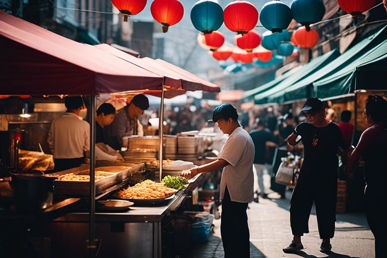 Vibrant street market scene in Vietnam with colorful lanterns, food stalls selling pho, and bustling customers.