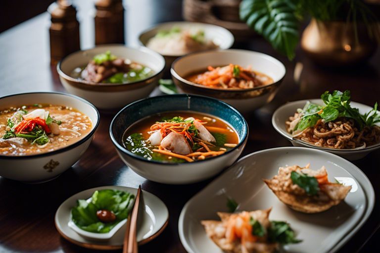 A variety of Asian dishes, including pho from Vietnam, served in bowls on a wooden table.