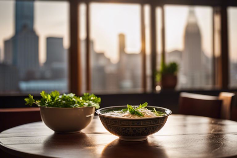 A bowl of pho and a bowl of herbs on a table with a city skyline in the background during sunset.