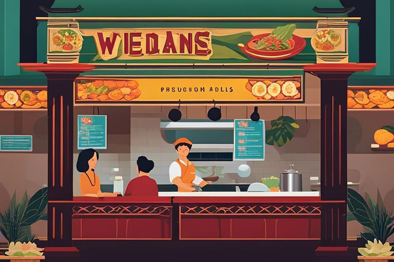 Illustration of customers being served at a retro-style pho food counter in Vietnam.