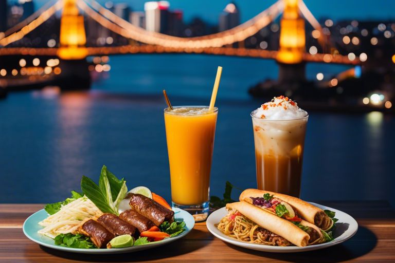 Vietnamese cuisine with pho and grilled meat served with drinks, set against an illuminated bridge at dusk.