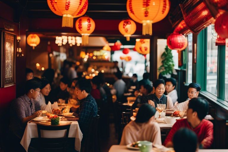 A bustling Vietnamese restaurant with patrons dining under red lanterns.