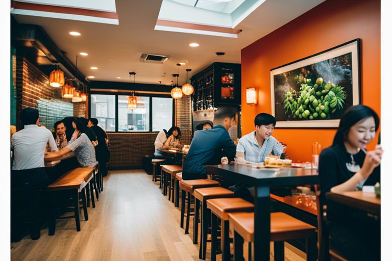 Patrons dining in a modern Vietnamese restaurant with warm lighting and orange decor, enjoying authentic pho.