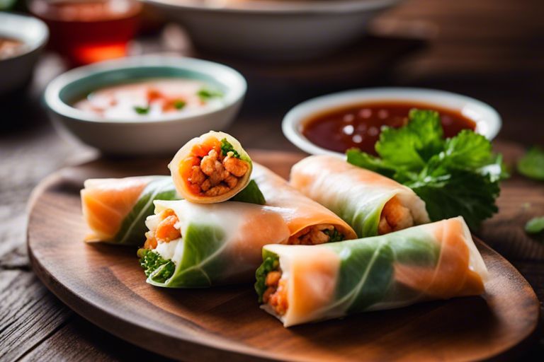 Fresh spring rolls with dipping sauce on a wooden table.