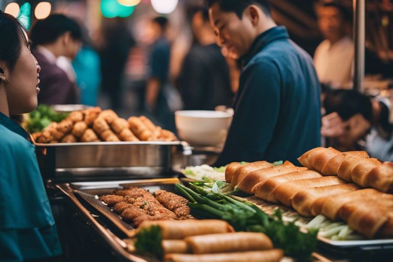 People interacting at a street food stall in Vietnam with a variety of fried foods and pho on display.