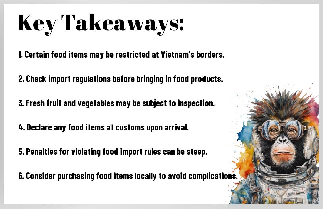 List of key guidelines for importing food items to Vietnam, with an artistic illustration of a monkey wearing glasses on the right side, featuring pho.