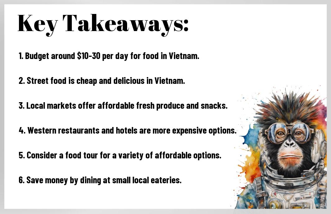 A list of key takeaways on budgeting for pho in Vietnam, with an artistic illustration of a monkey wearing glasses and headphones.