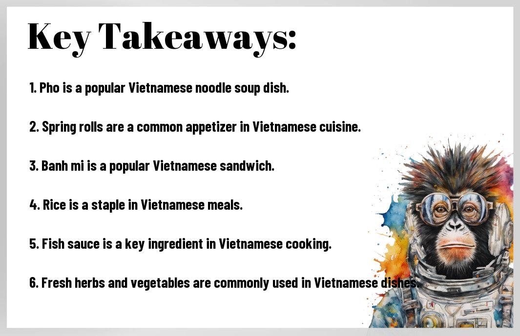 A list of key takeaways highlighting popular Vietnamese dishes, including pho, and ingredients, with an artistic illustration of a monkey wearing glasses and a suit on the right side.