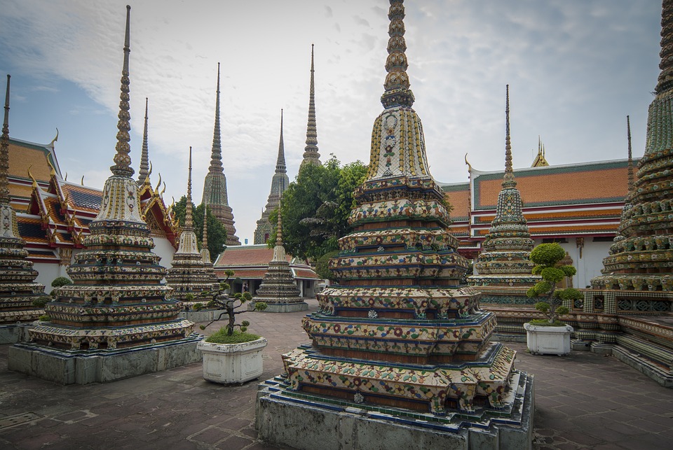 Ornately decorated stupas within the grounds of a temple complex in Pho, Vietnam.